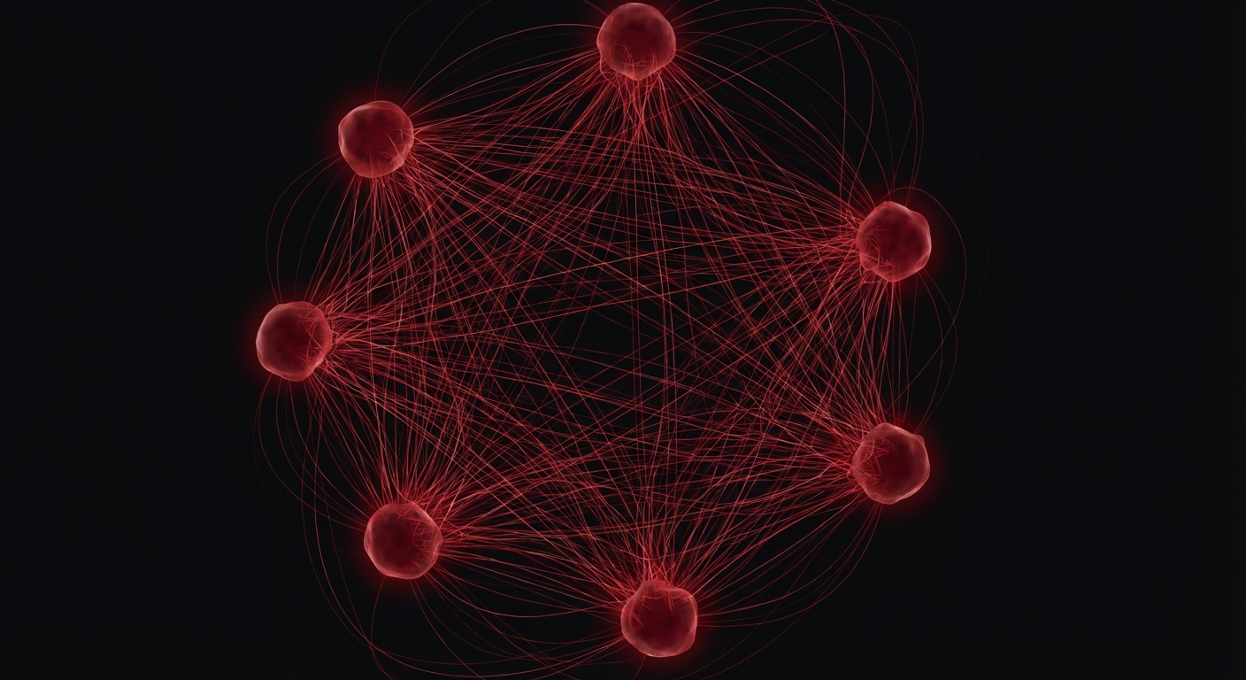 Six glowing red nodes arranged in a circle, connected by a dense tangle of lines -- a visualization of coordination overhead between agents